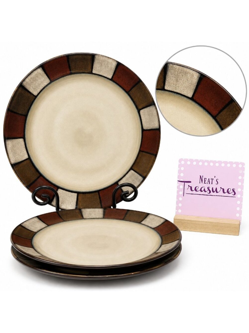 Pfaltzgraff TAOS Gray Red Tan Block Cream Center Earthenware Dinner Plates Set 3
